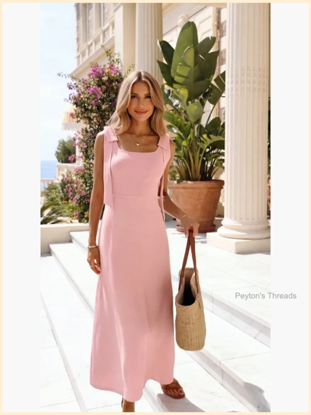Sleeveless Square Neck Bow Straps Midi Sweater Dress for Wedding Guest Vacation - Picture 7 of 7